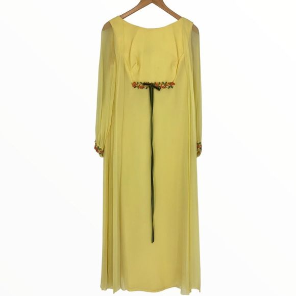 70’s Vintage Yellow Maxi Dress Embroidered Sheer Long Sleeve Ribbon Trim Gown - Picture 1 of 13